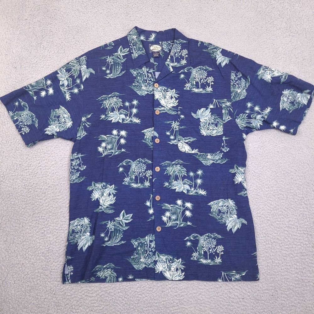 Vtg Tommy Bahama Shirt Mens Small Blue Hawaiian Palm Tree Camp Loop Collar Rayon
